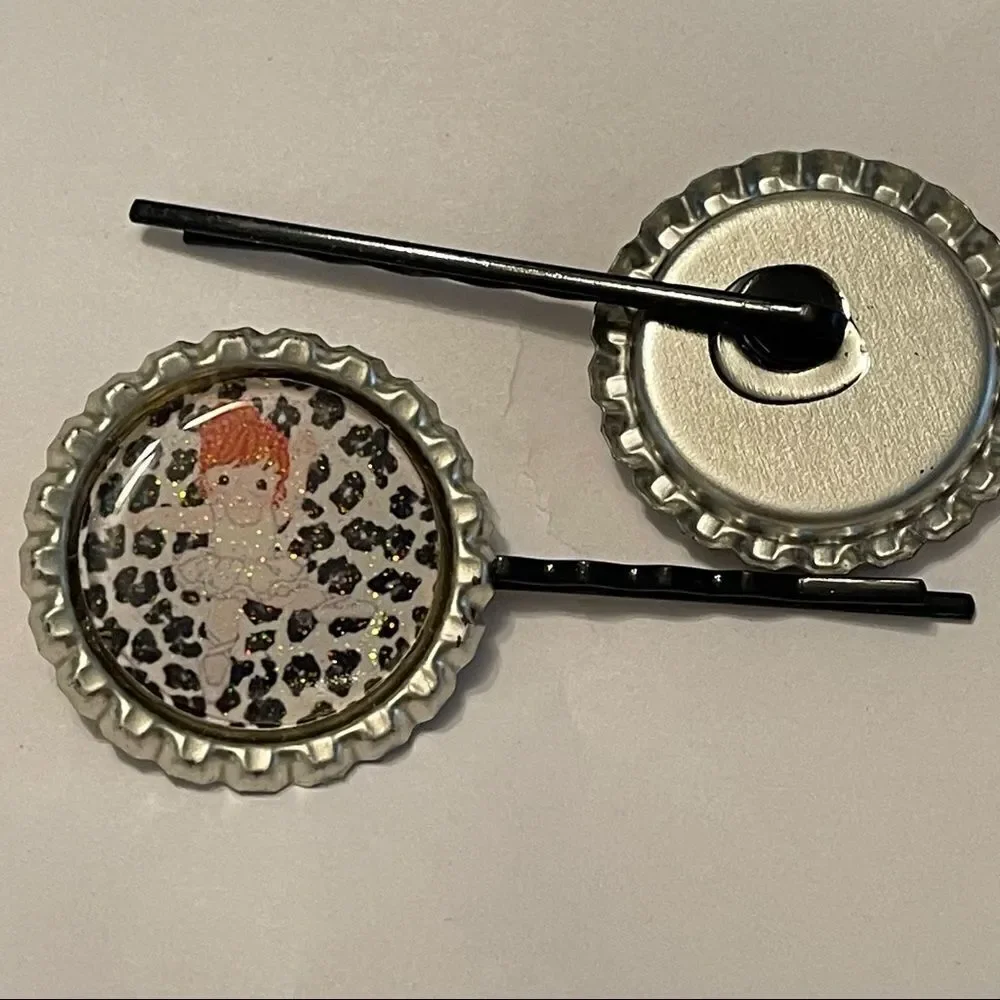 NEW bottle cap Bobbie pin pair red head ballerina ballet leopard print